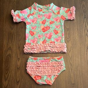 Ruffle Butts Pink and Mint Heart Rashguard Set